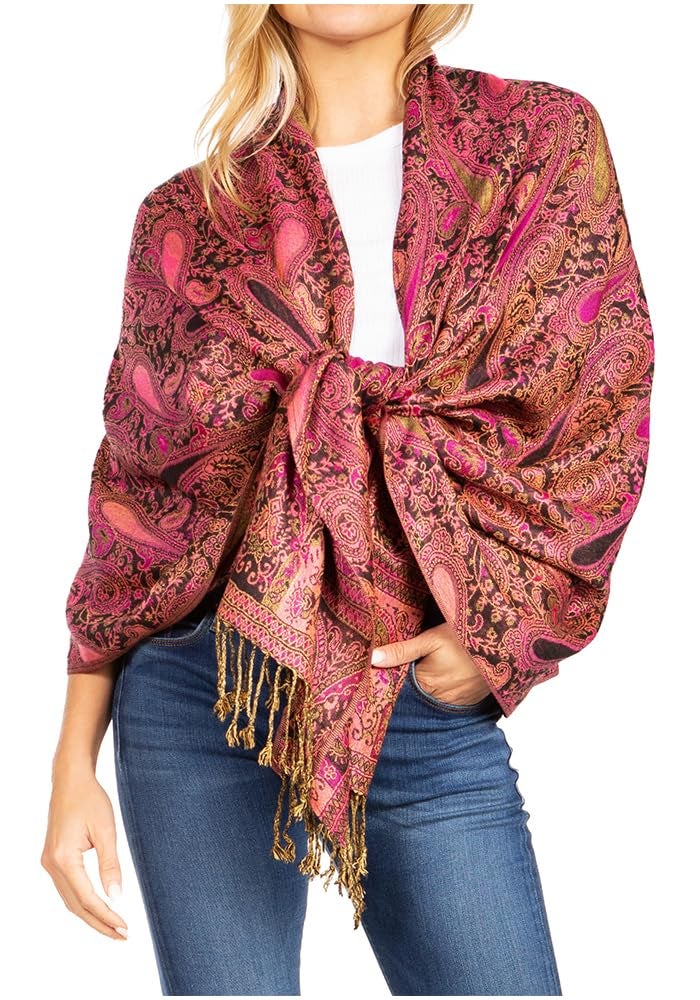 Sakkas Kalin Long Wide Paisley Design Woven Pashmina Shawl Scarf Wrap Stole - Pink/Black - OS - Image 1